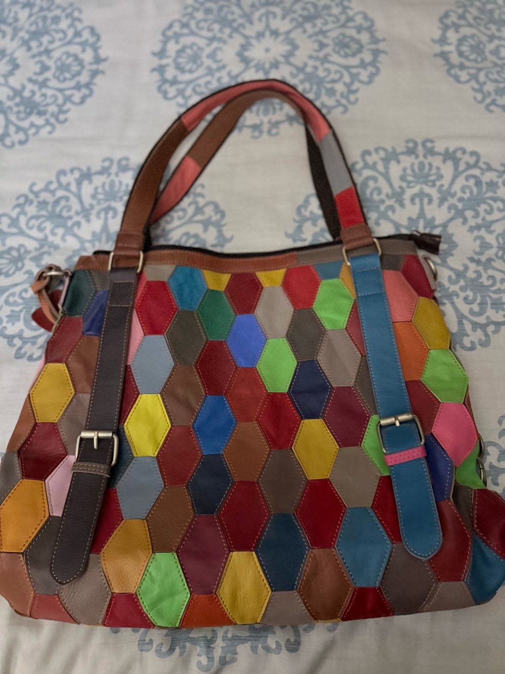 Colorful Hexagon Patchwork Leather Tote - Multicolor - Picture 2 of 4